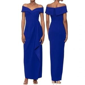 Xscape Royal Blue Portrait Ruffle Off the Shoulder Scuba Formal Gown Size 10